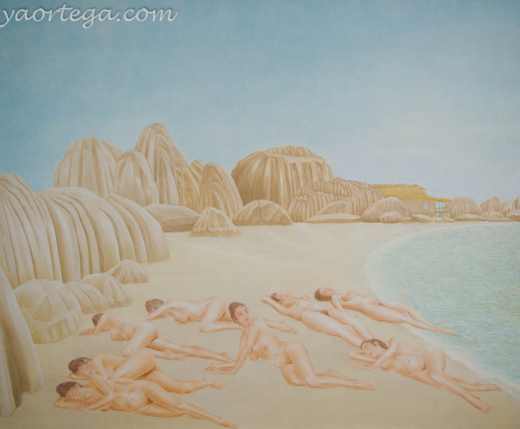 bixe, couchées sur le sable, nus, repros, seychelles
