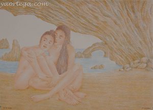 femmes ensemble, grotte, terrasse