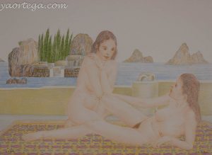 femmes ensemble, grotte, terrasse