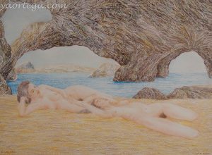 femmes ensemble, grotte, nus, repros, terrasse