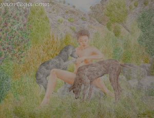 65x50, crayon de couleur sur papier, decembre 2010, herbes, nus avec chiens